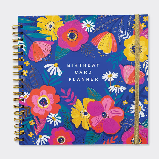 Spiral bond Birthday Card Planner with Blue front cover with flowers on in pink and yellow and a gold elastic t
to keep the planner closed