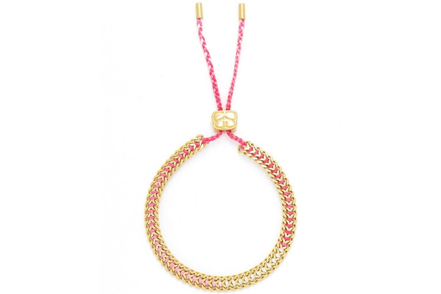 image shows a gold chain bracelet with pink thread running through the centre of each chain. the chain is expandable.both ends of the thread  run through a gold motif to tighten or loosen the bracelet .each end of the thread is in cased in a gold cover. 