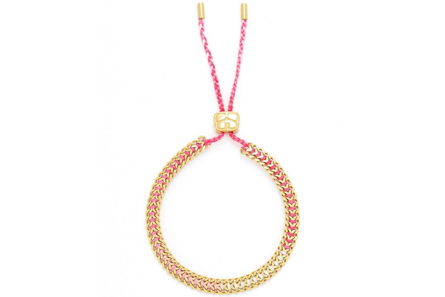 image shows a gold chain bracelet with pink thread running through the centre of each chain. the chain is expandable.both ends of the thread  run through a gold motif to tighten or loosen the bracelet .each end of the thread is in cased in a gold cover. 