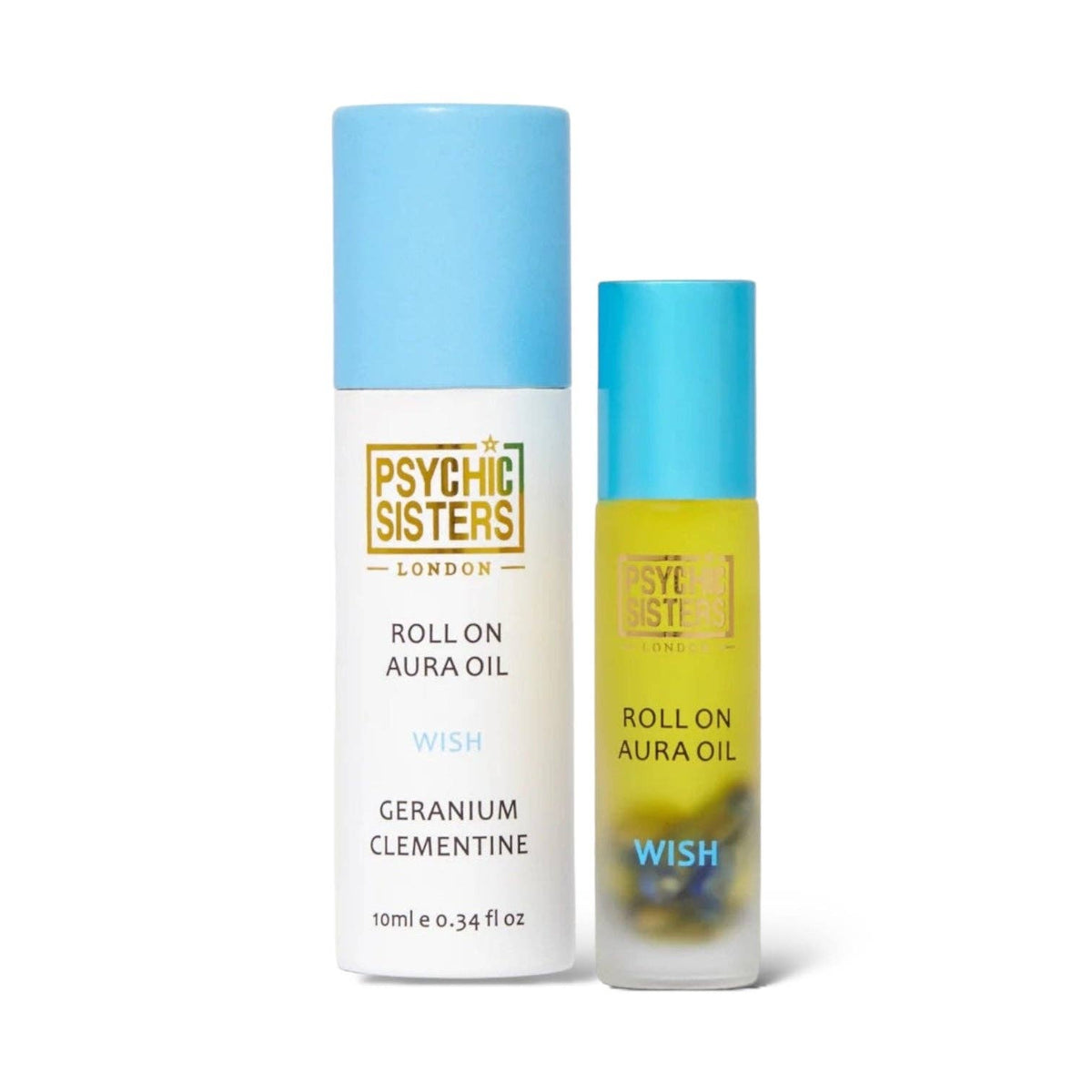 Psychic Sisters London Wish Roll on Aura Oil in Geranium Clementine scent, shown as a white cylindrical roller bottle with a light blue cap next to a clear cylindrical bottle showing yellow oil inside, both on a white background.
