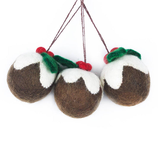 a set of 3 hanging christmas tree decorations in the shape of christmas puddings.