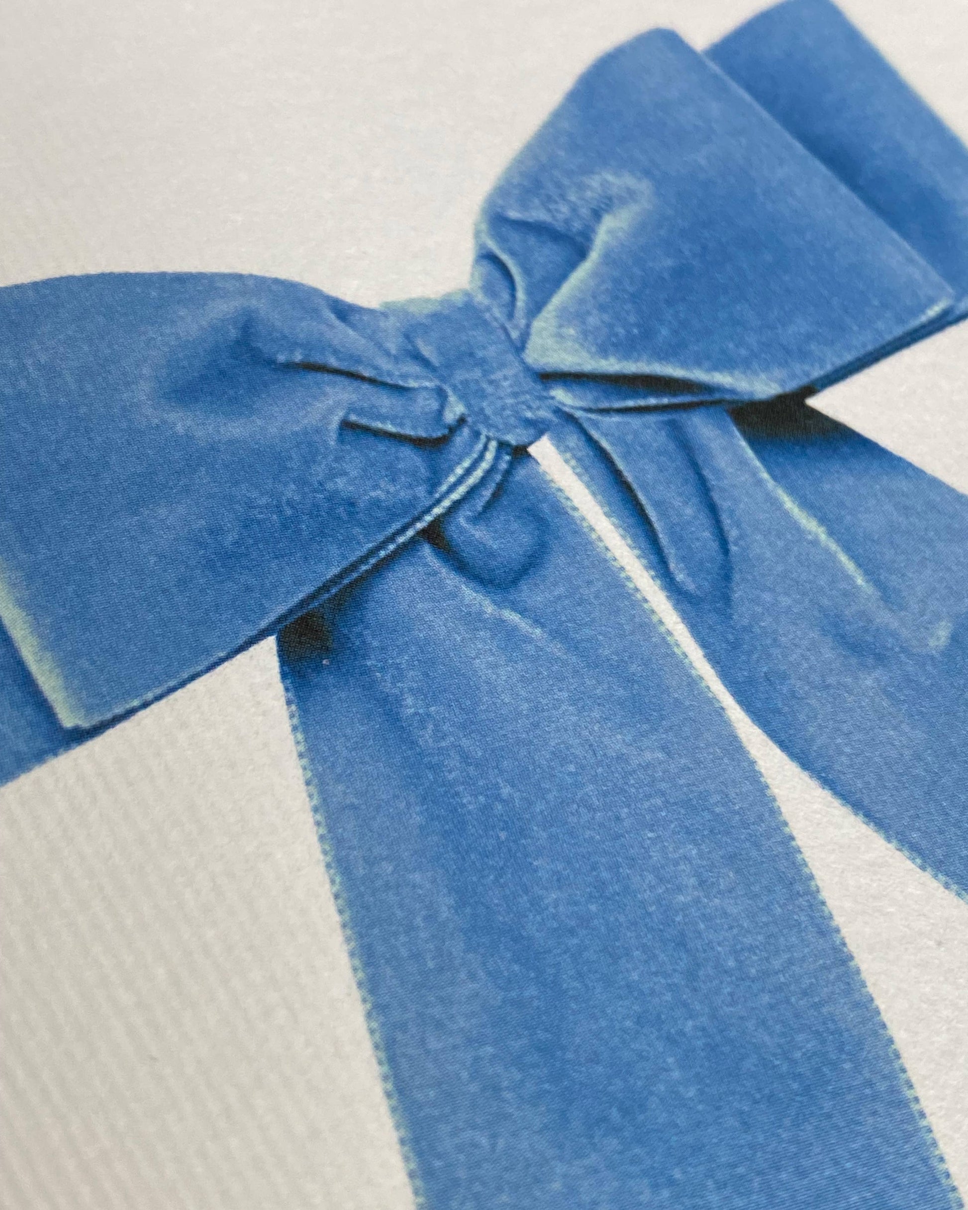 Greetings Card with a Pale Blue Velvet looking Ribbon looking bow on the front.  Looks like real material but it is an image  White Background.  White Envelope