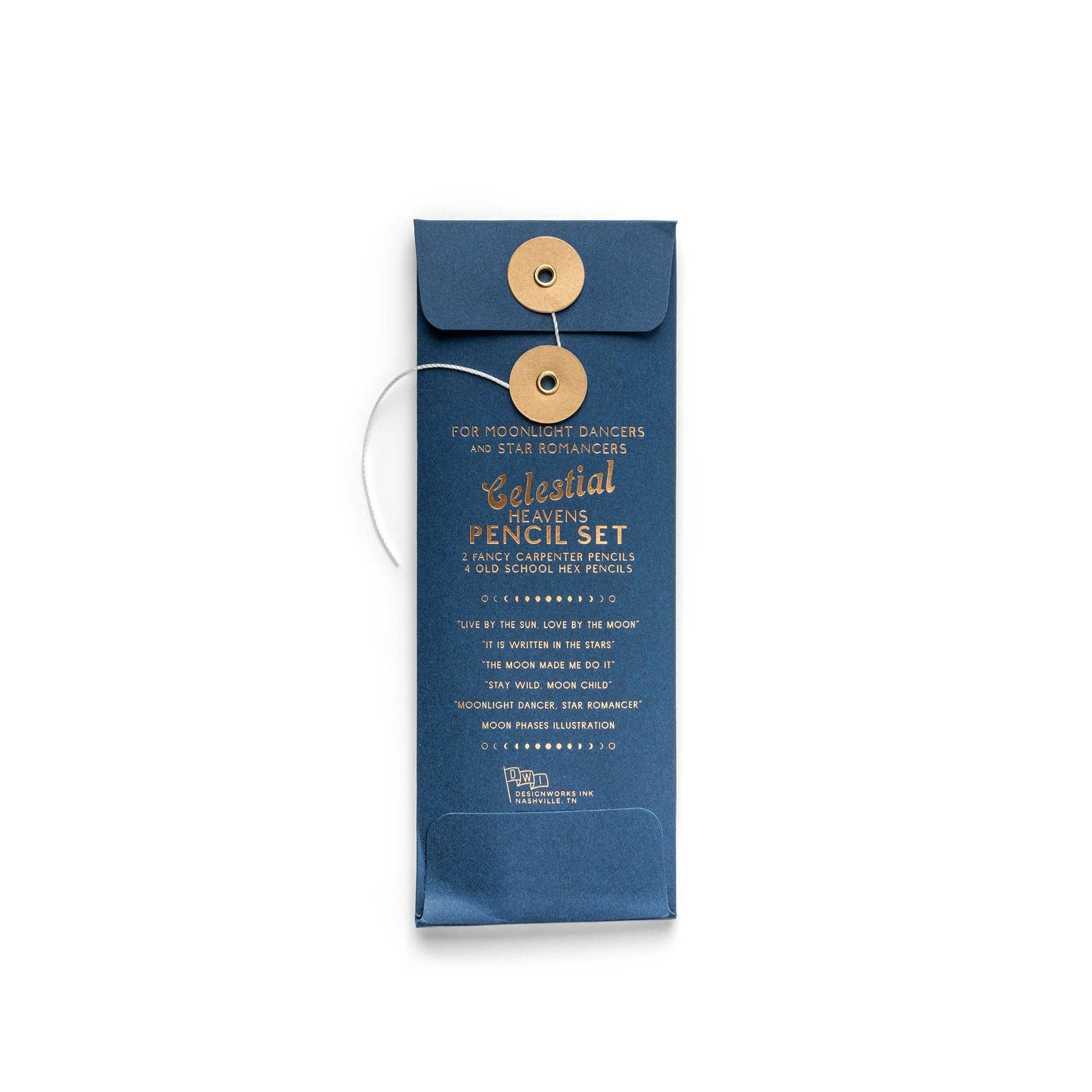 image shows the back of the packaging for the 6 pencils. The packaging is navy blue thick card and has the word celestial heavens pencil set embossed with gold foil