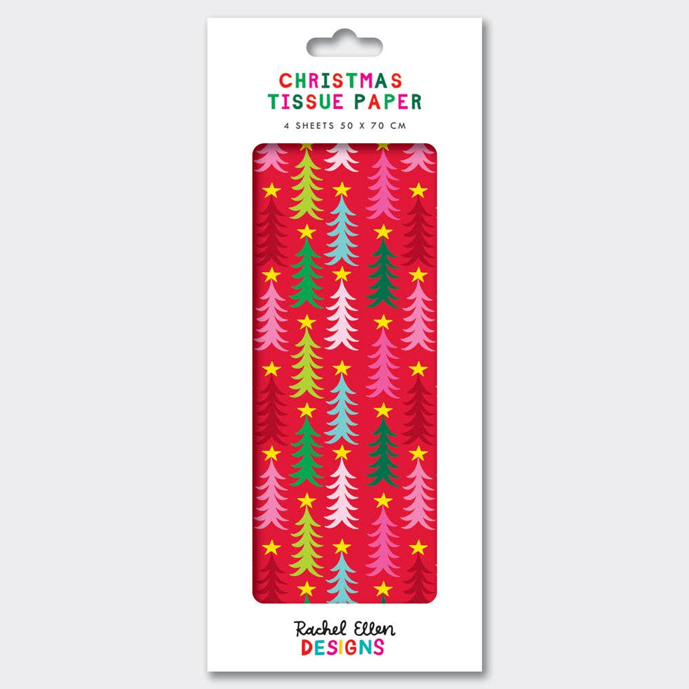Pack of Christmas tissue paper with colorful tree design on a white background