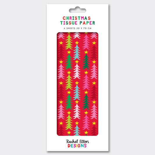 Pack of Christmas tissue paper with colorful tree design on a white background