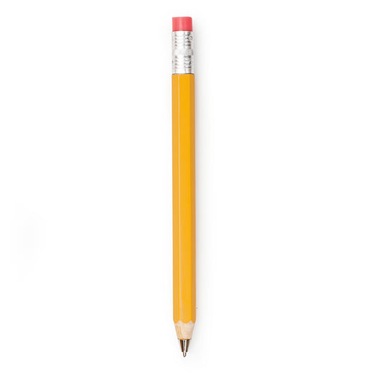 image of orange pencil with pink eraser top which is actually a ball point pen that can be erased 