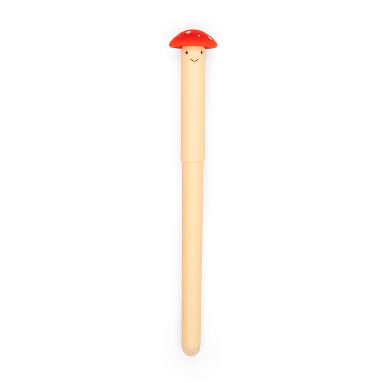 A novelty pen shaped like a wooden mushroom with a red cap and a smiling face, shown vertically on a plain white background.