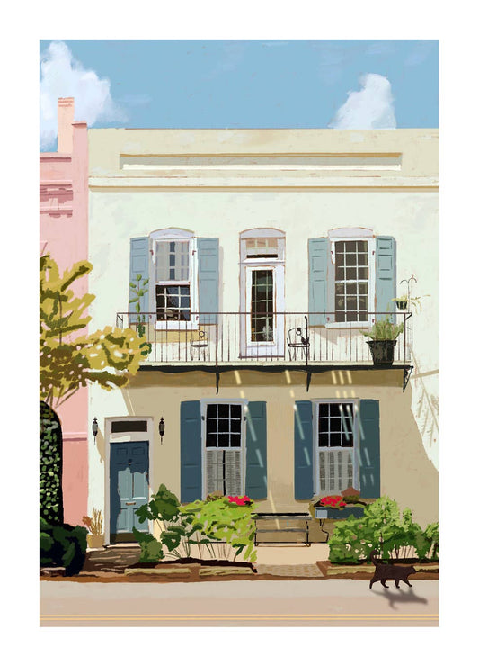 Colorful illustration of a house with blue shutters and a garden.