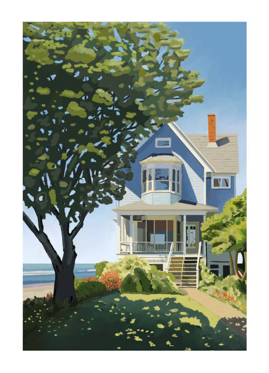 Painting of a blue house with a tree and ocean view