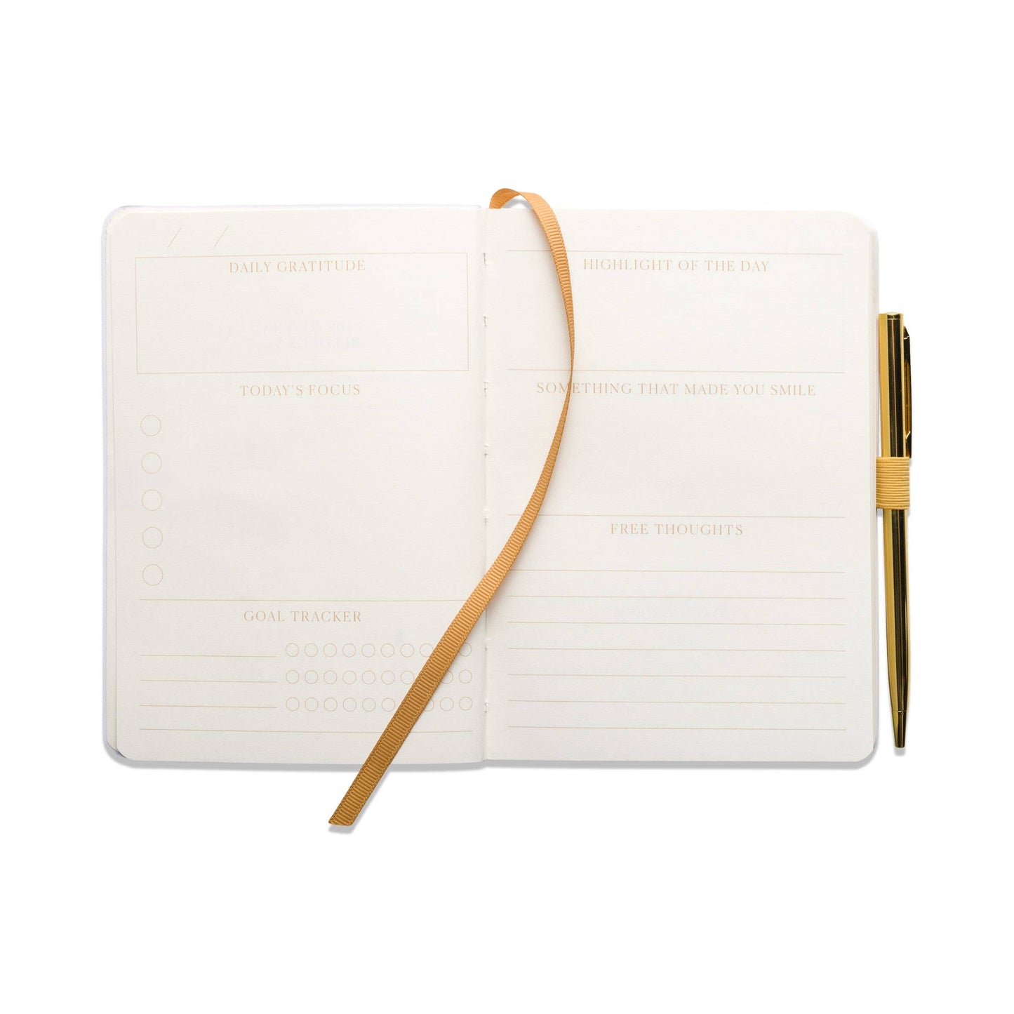 open page of the gratitude journal. the left hand page has 3 sections with space to write. the headings of these space are daily gratitude, todays focus and goal tracker. on the right page there are another 3 sections titled highlight of the day, something that made you smile and free thougths