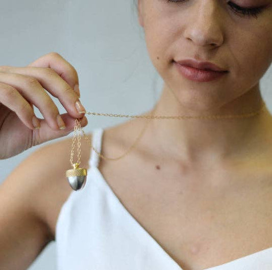 Acorn Locket Necklace Gold Top & Silver Bottom 26 inches