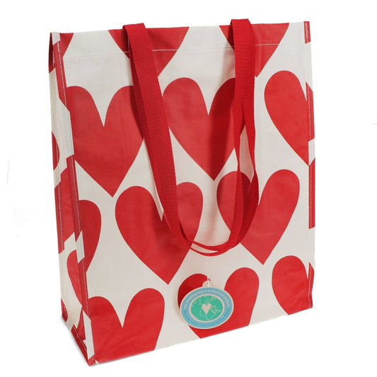 Shopping Bag with white background and red hearts with red handles