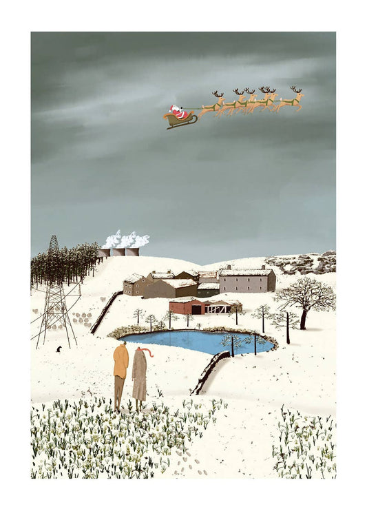 Illustration of a snowy landscape with a person and dog, a pond, and a house. Santa Claus is flying in the sky with reindeer.