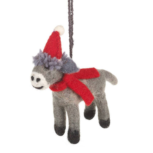 christmas tree hanging decoration of a grey donkey wearing a red scarf and red and white christmas hat.