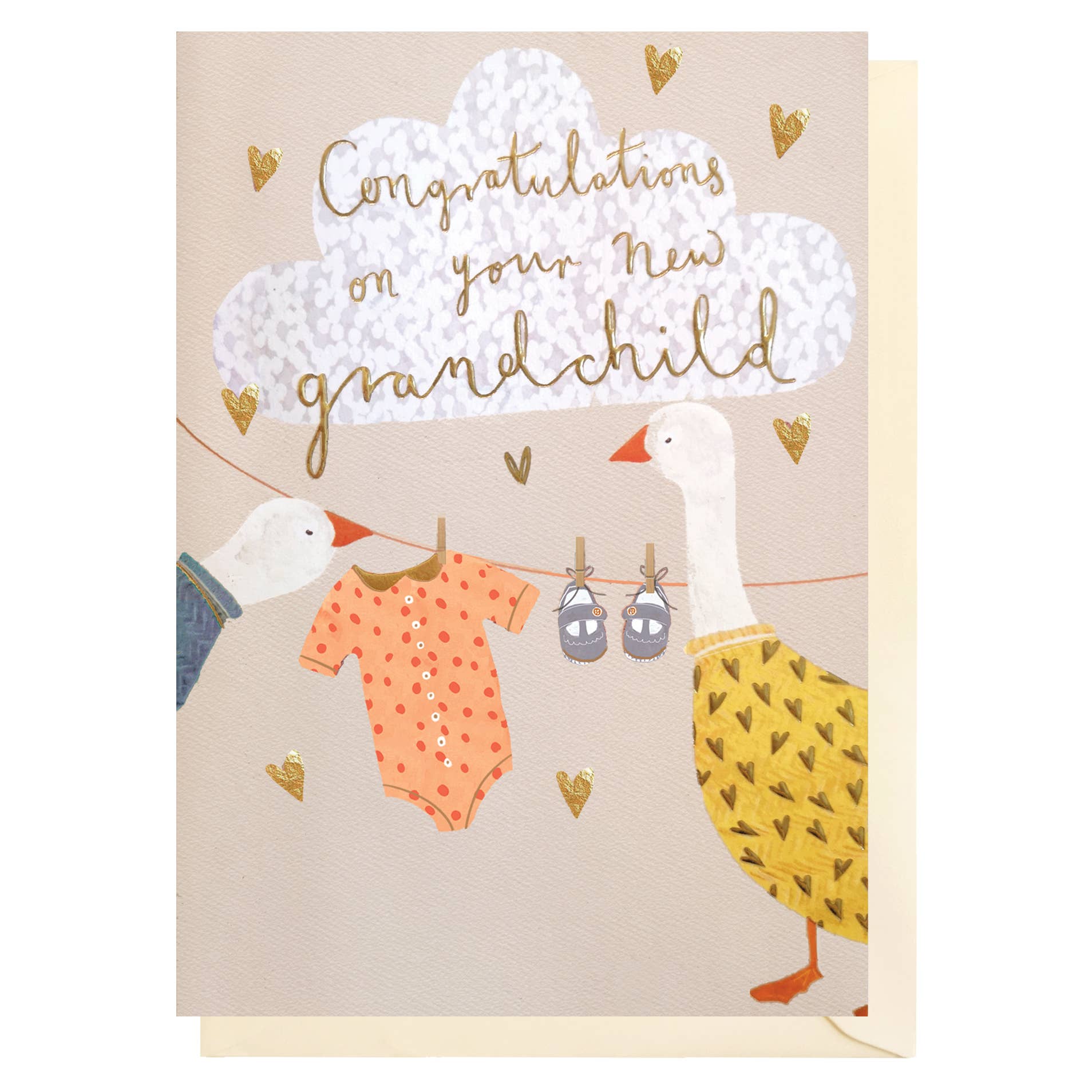 Greeting card with ducks and baby clothes on a line, featuring text 'Congratulations on your new grandchild'.