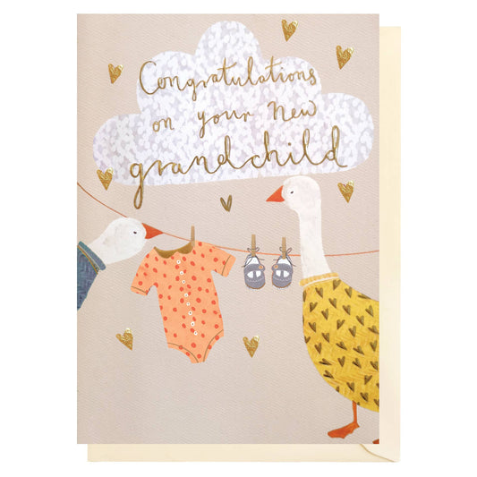 Greeting card with ducks and baby clothes on a line, featuring text 'Congratulations on your new grandchild'.