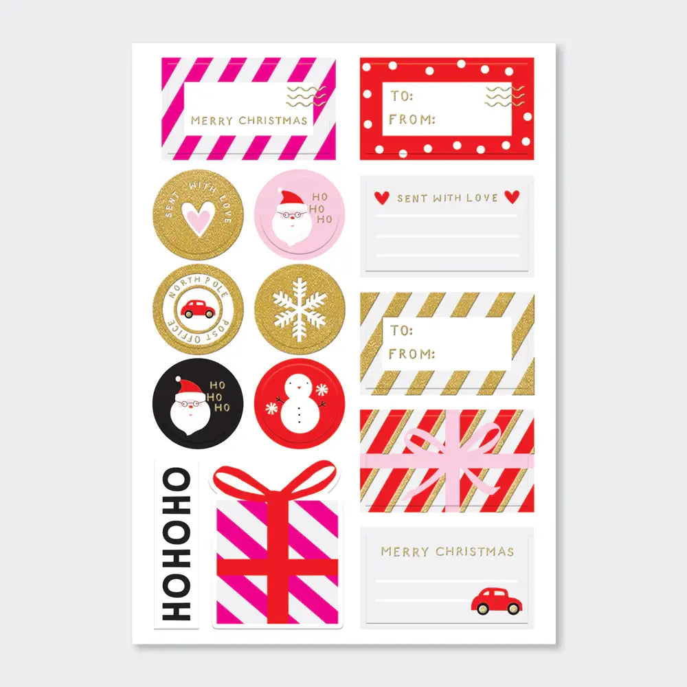 sticky christmas gift labels of various designs and colours