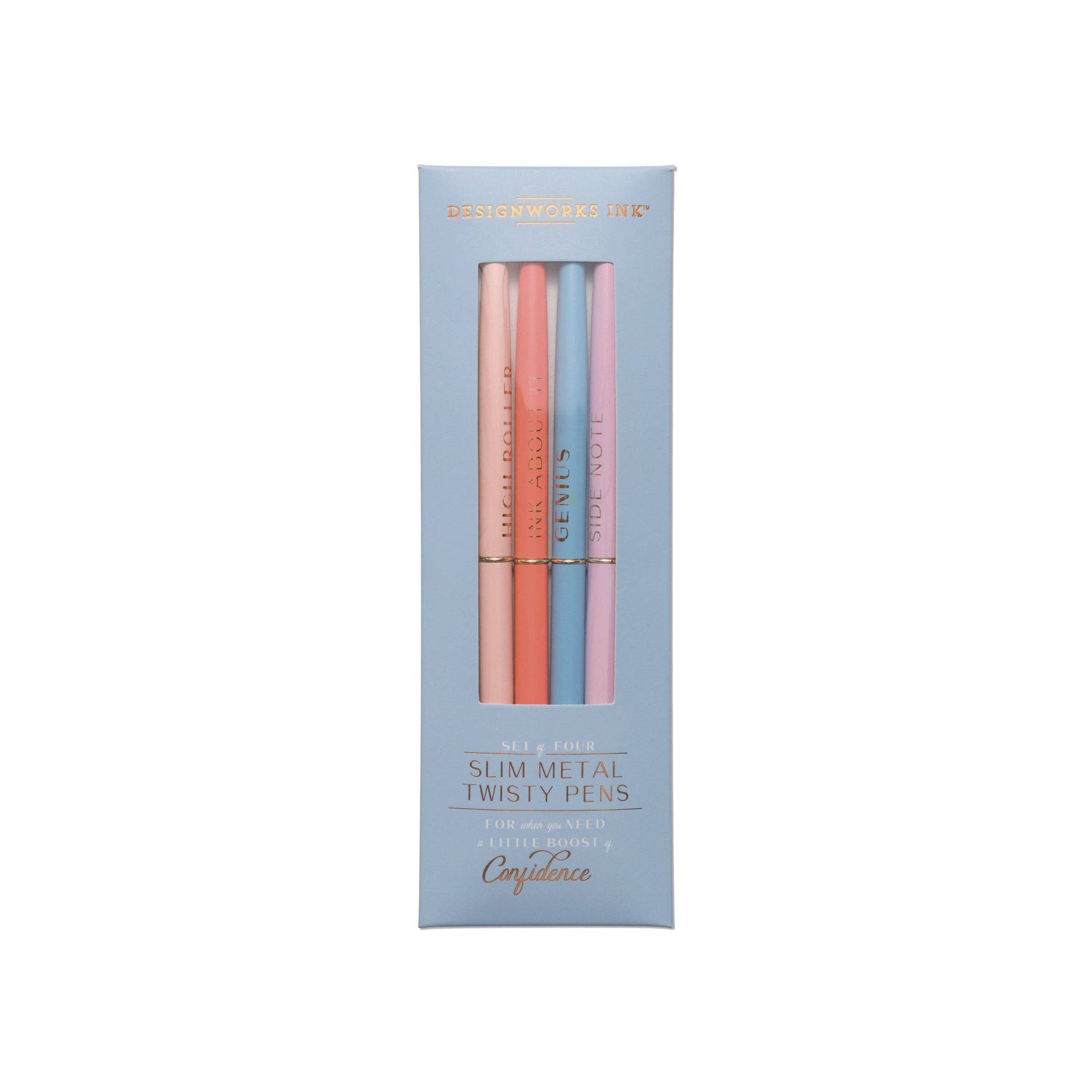 4 slim ball point pens of different colours each with a different word inspiring confidence embossed in gold foil. the colours of the pens are pale pink, pale cream, pale red and pale blue.  They are packaged in a pale blue card packet with clear perspex window. 