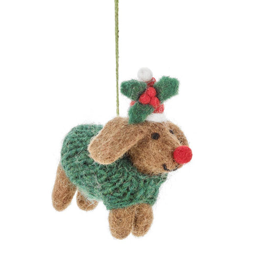 Hanging christmas tree decoration of a brown reindeer wearing a green knitted jumper and holly on his head. he has a red nose. 