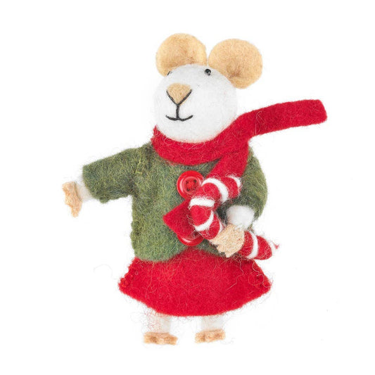 christmas tree hanging decoration  of a white mouse wearing a green jacket, red scarf and skirt and is holding a red and white candy cane.