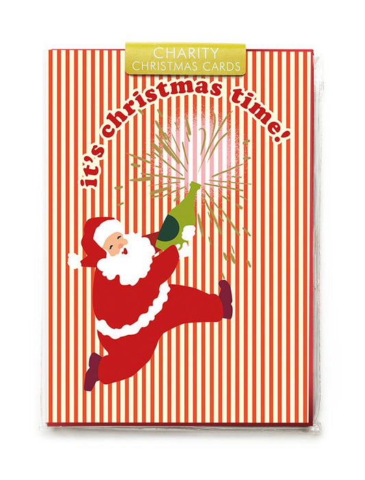 Pack of charity Christmas cards with Santa Claus on a red and white striped background