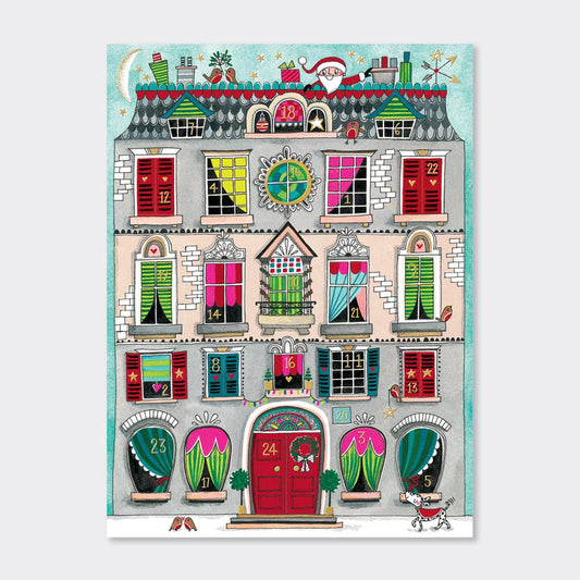 Colorful advent calendar with houses and doors on a light blue background