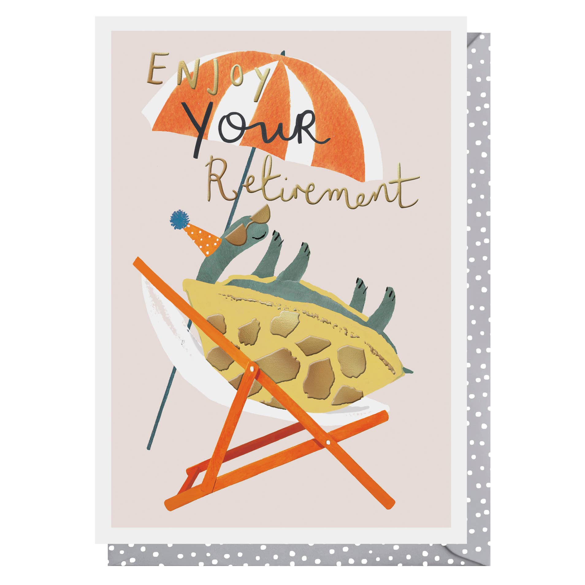 Card with a turtle in a beach chair under an umbrella, text 'Enjoy Your Retirement', on a light pink background.