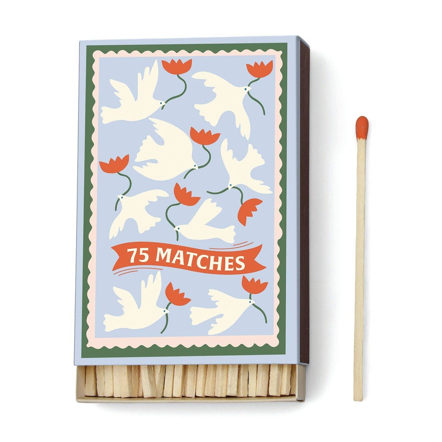 image of  a box of large matches. the front cover of the box has an image of white birds holding  a red flower in their beak. the word 75 matches in written on the front of the box