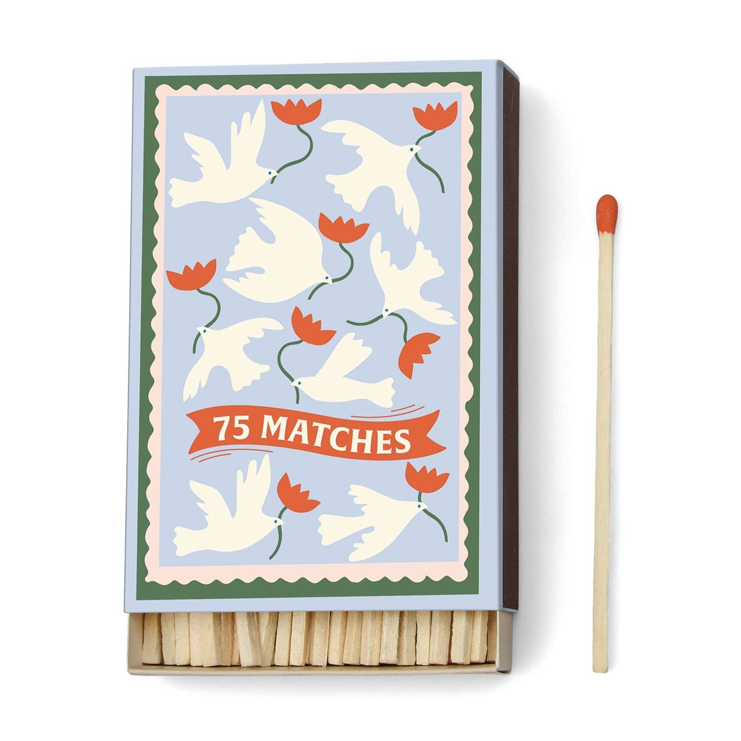 image of  a box of large matches. the front cover of the box has an image of white birds holding  a red flower in their beak. the word 75 matches in written on the front of the box
