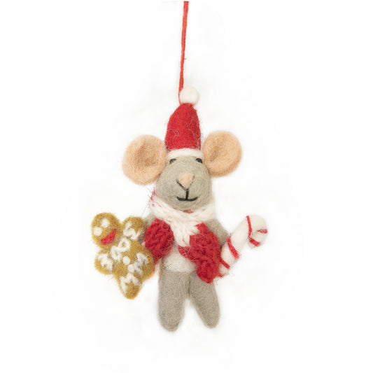christmas tree hanging decoration of a grey mouse carrying a gingerbread man in one hand and a red and white candy can in the other. the mouse is wearing a christmas hat