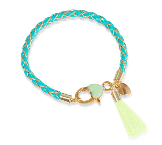 Turquoise braided bracelet with gold accents and a tassel charm on a white background
