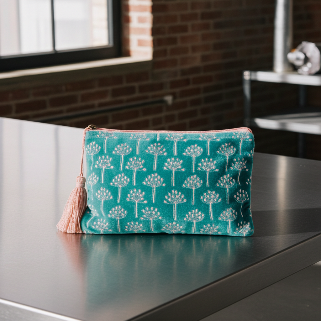 Pink Lemons Velvet Thistle Pouch - Aqua & Pink