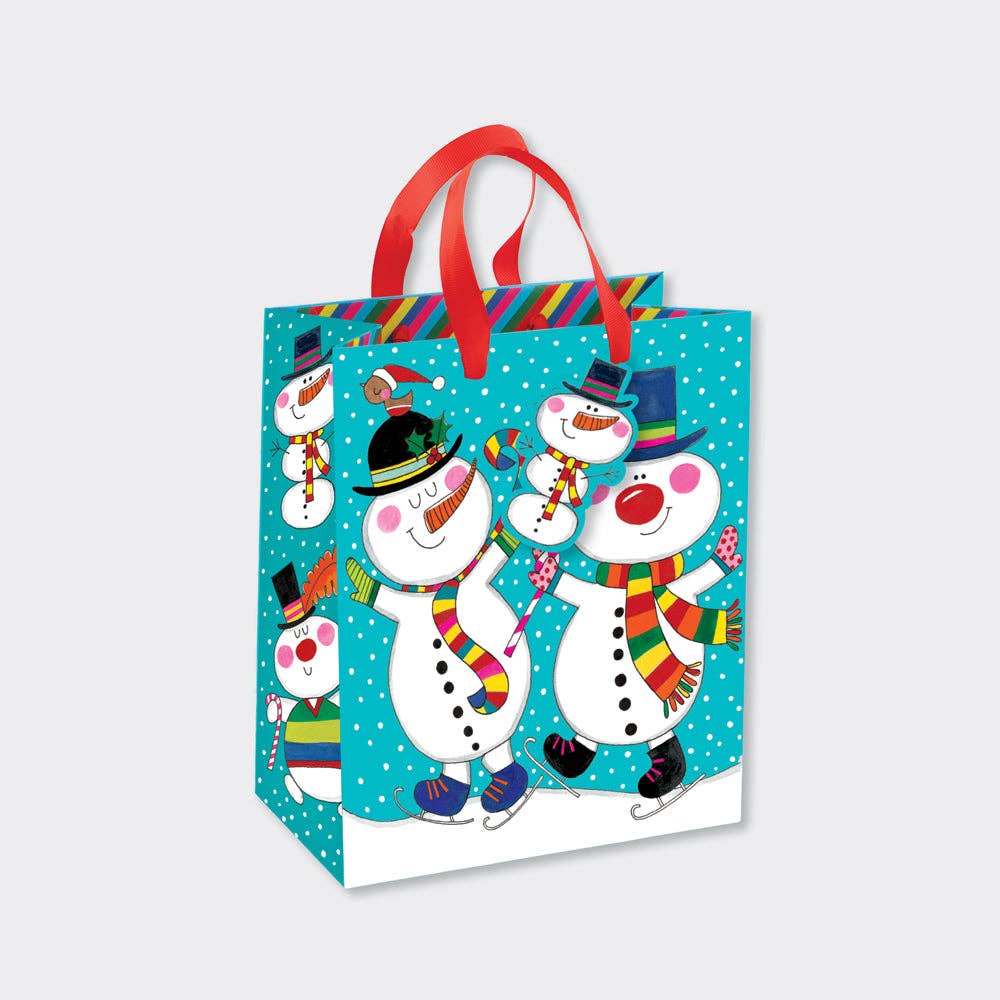 Gift bag with colorful snowmen design on a white background