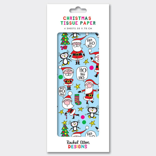 Packaging of Christmas tissue paper with Santa Claus and penguin design on a white background