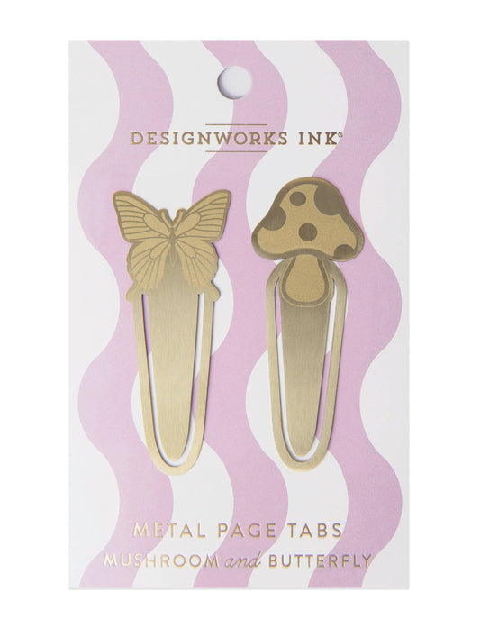 2 brass page markers with a butterfly on top of one marker and a mushroom on the other. 