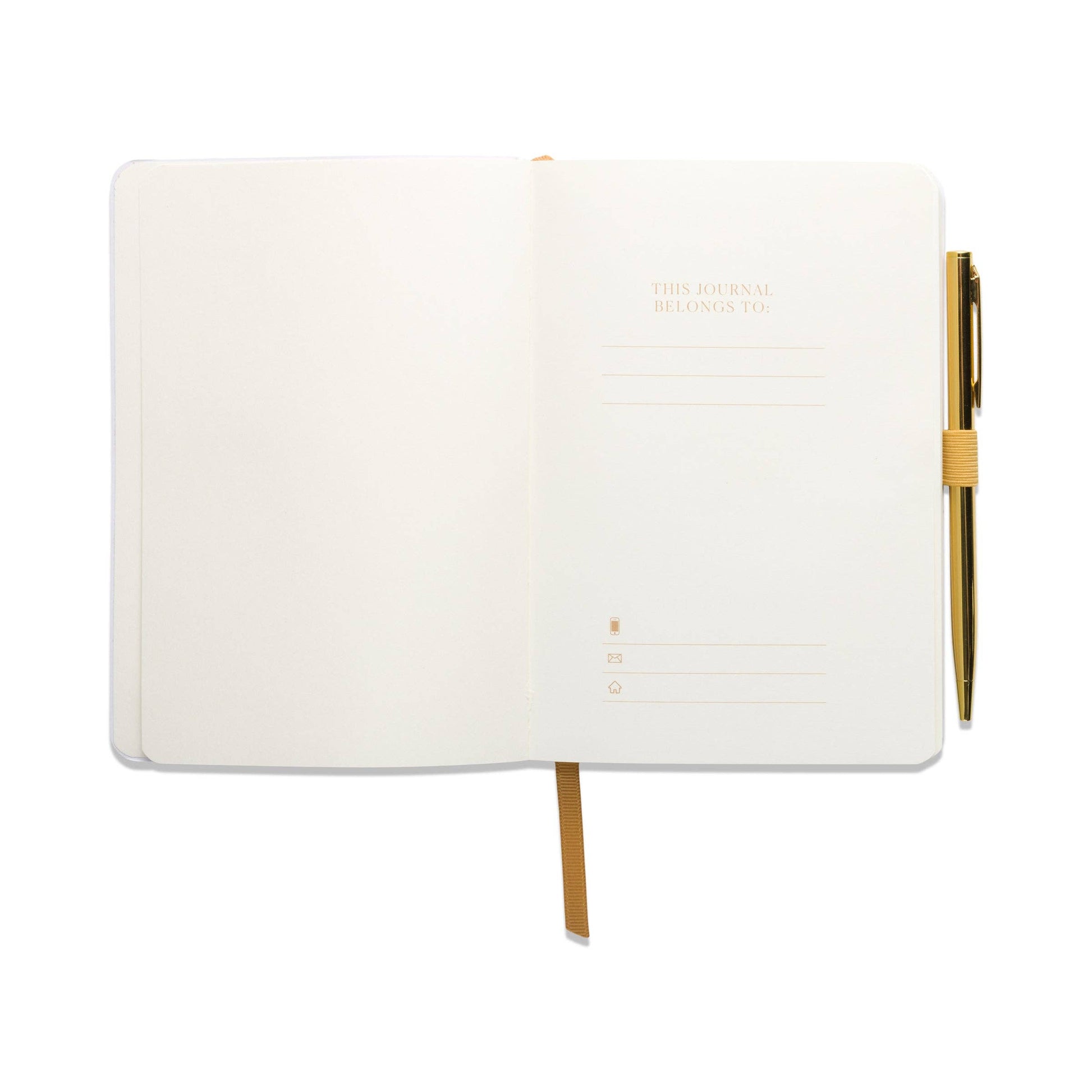 open page of the first page of the gratitude journal.Written in gold ink are the words this journal belongs to with empty lines underneath