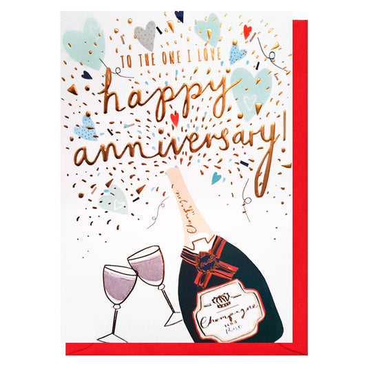 Anniversary card with champagne bottle, glasses, and confetti on a white background