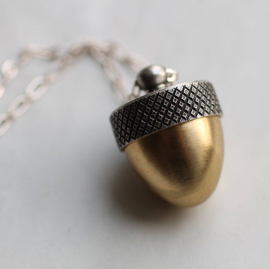 image of the gold acorn with silver top and silver chain necklace