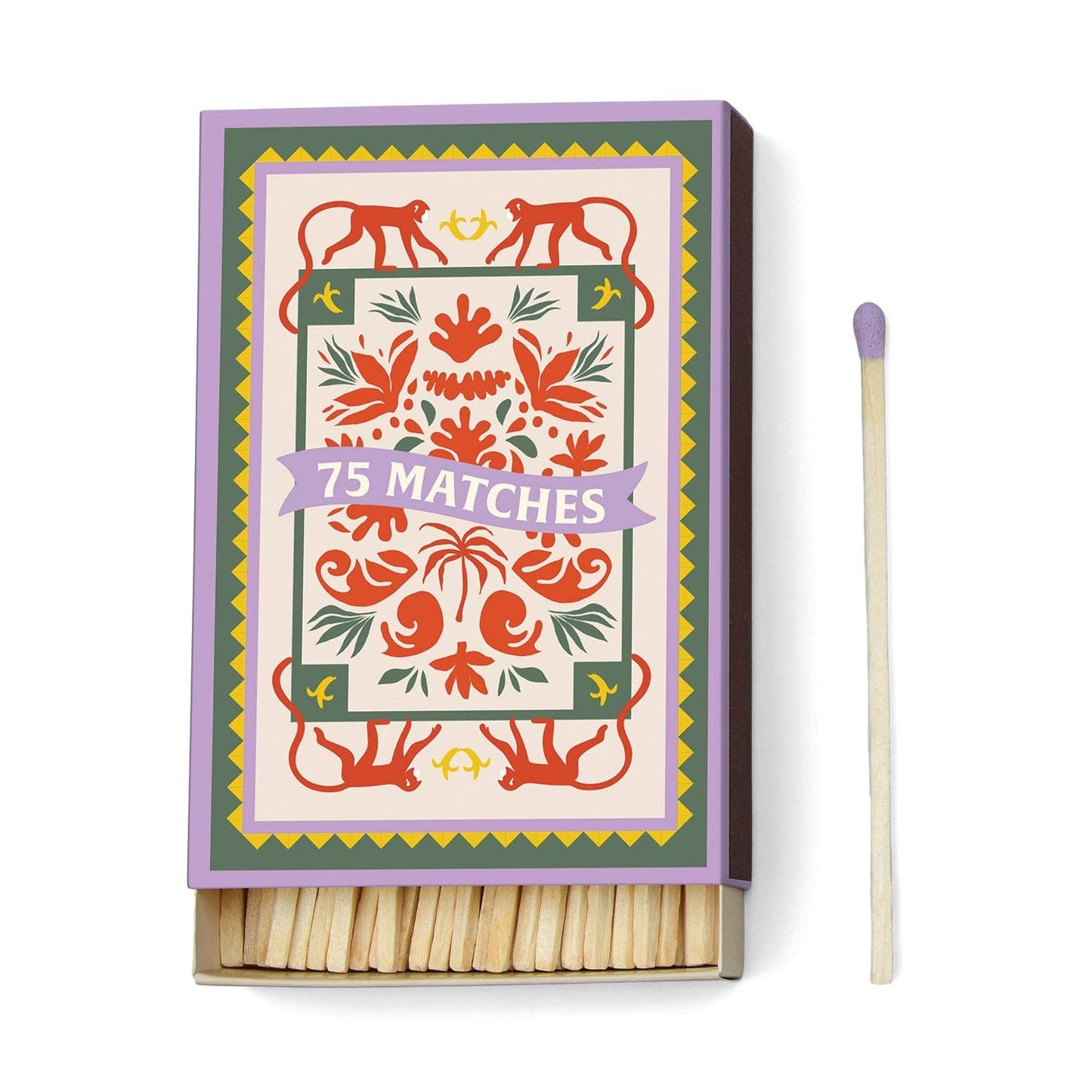 image shows a large box of matches with  purple tips. the front cover of the box is hand-drawn image of long tail red monkeys, red flower with green leaves. 75 matches is written across the front