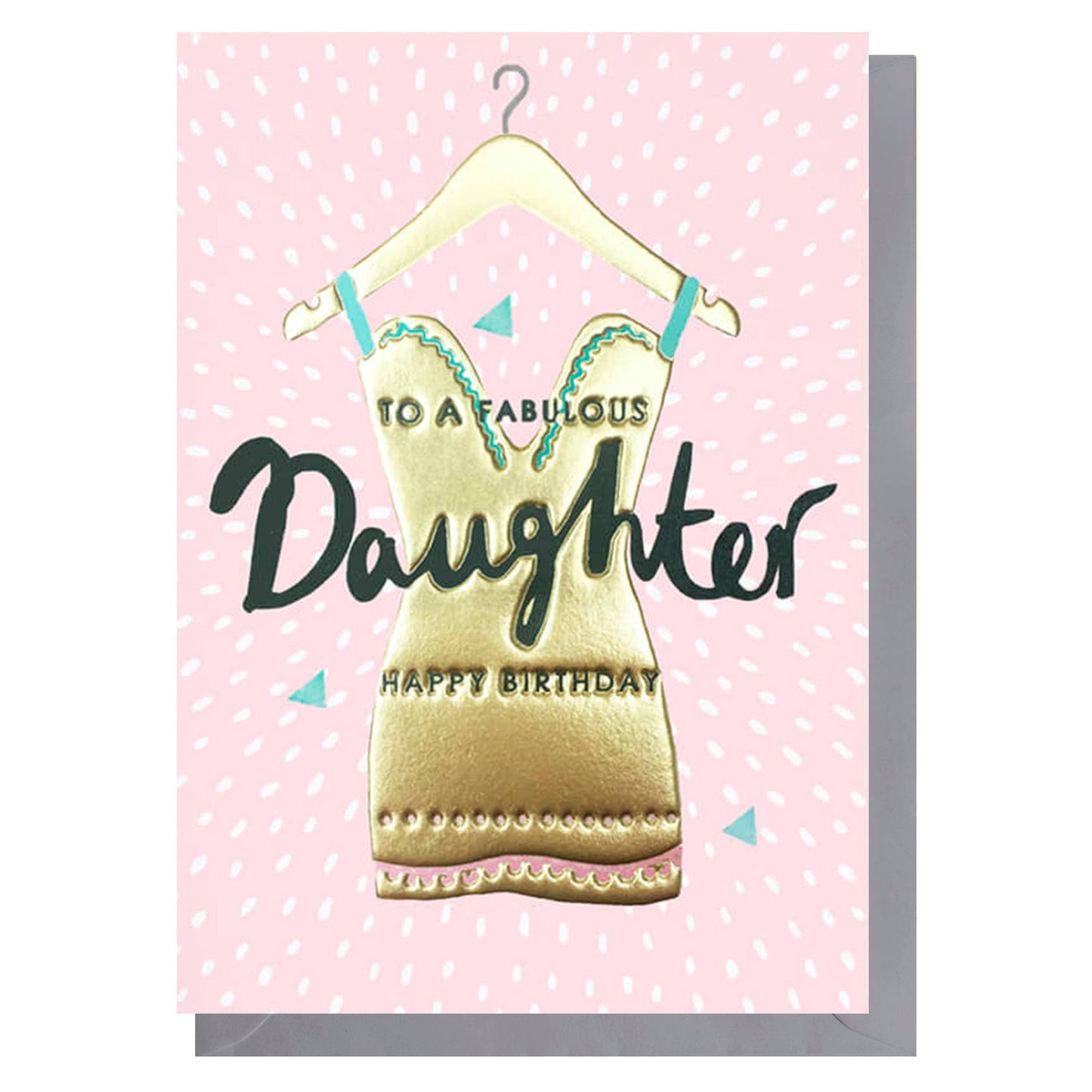 Greeting card with a gold dress illustration and text on a pink background