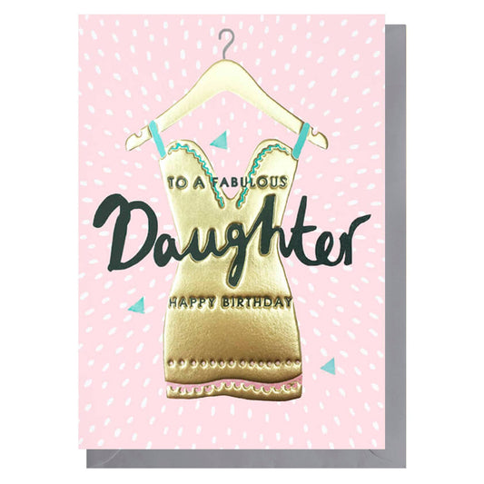 Greeting card with a gold dress illustration and text on a pink background