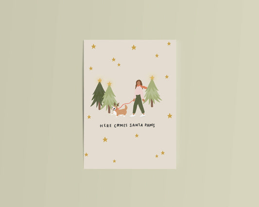 Illustration of a person with a dog and Christmas trees on a light green background