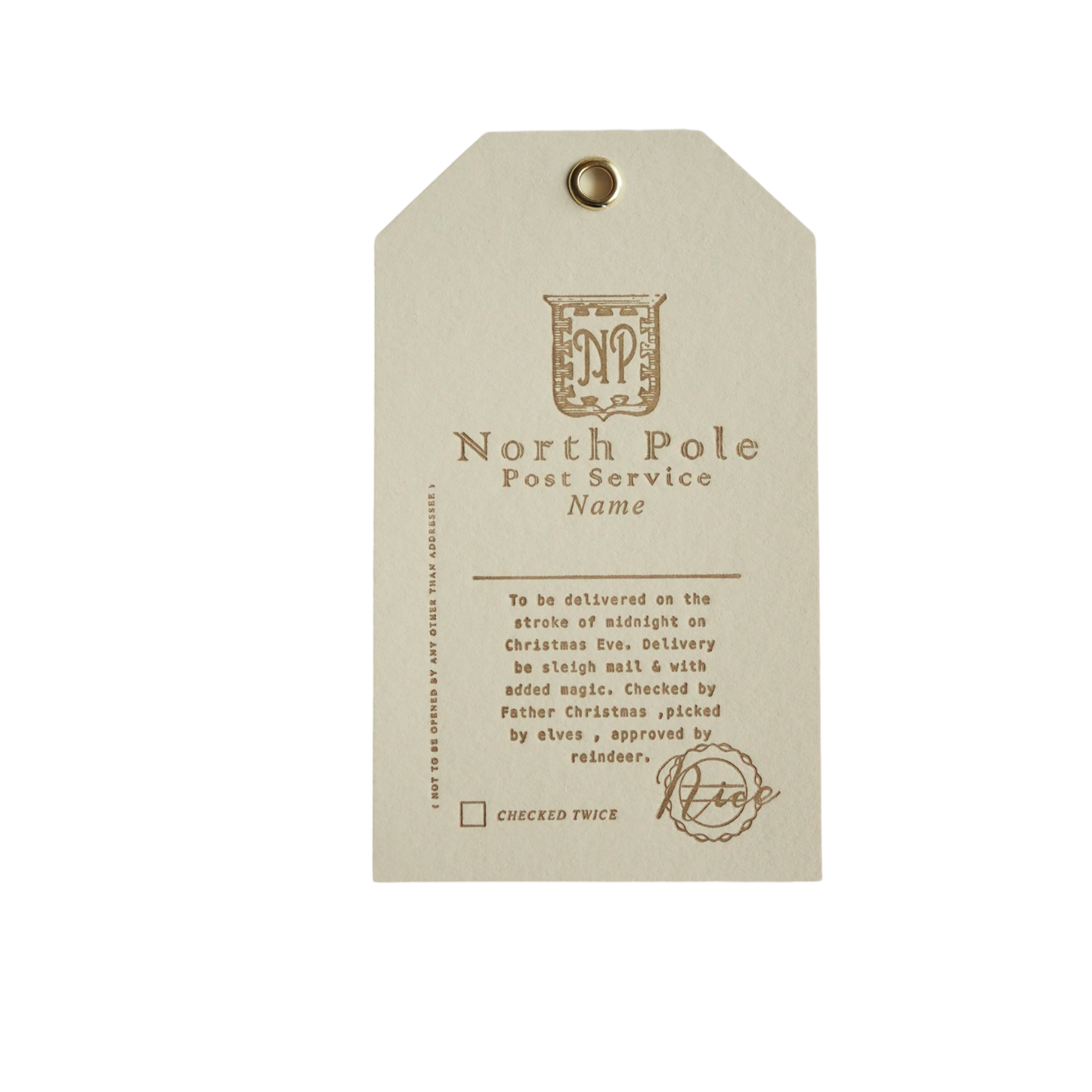 set of 3 ivory christmas gift tags. Each tag has North Pole post service written on it with a blank space to enter a Name 