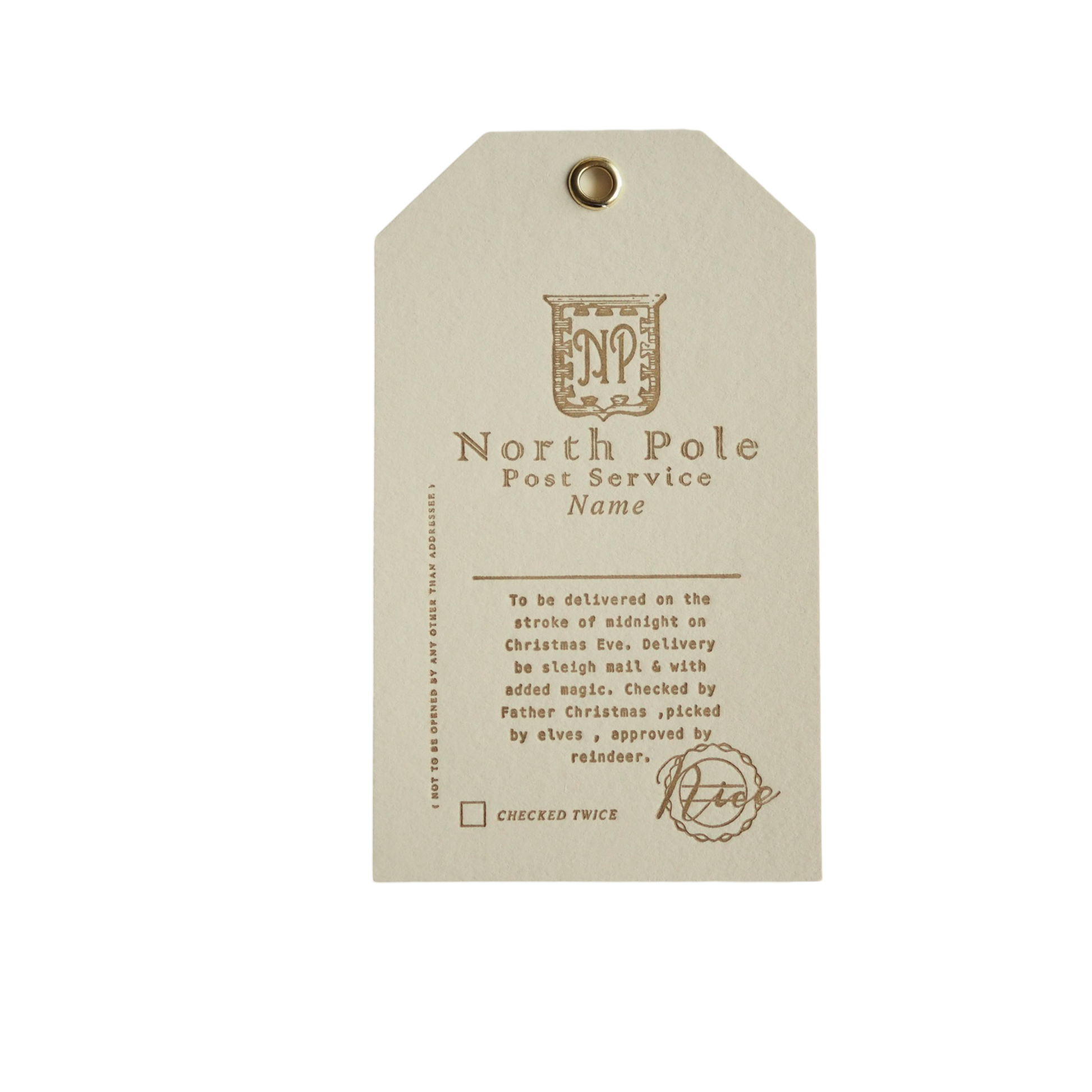 set of 3 ivory christmas gift tags. Each tag has North Pole post service written on it with a blank space to enter a Name 
