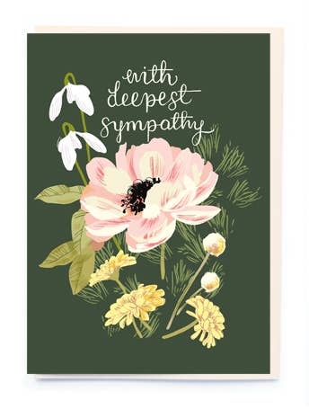 Floral card with 'with deepest sympathy' text on a green background