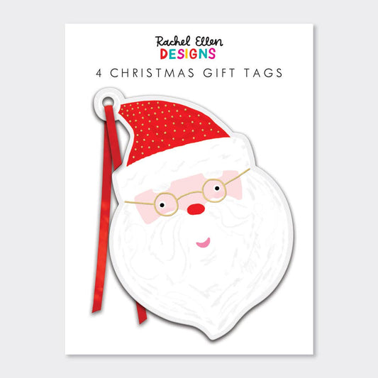 christmas gift tag in the shape of a father christmas head with a red ribbon