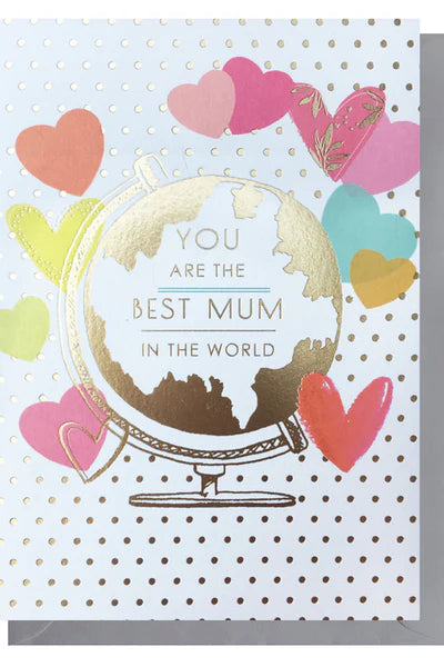Greeting card with hearts and globe design, featuring text 'You are the best mum in the world' on a polka dot background.
