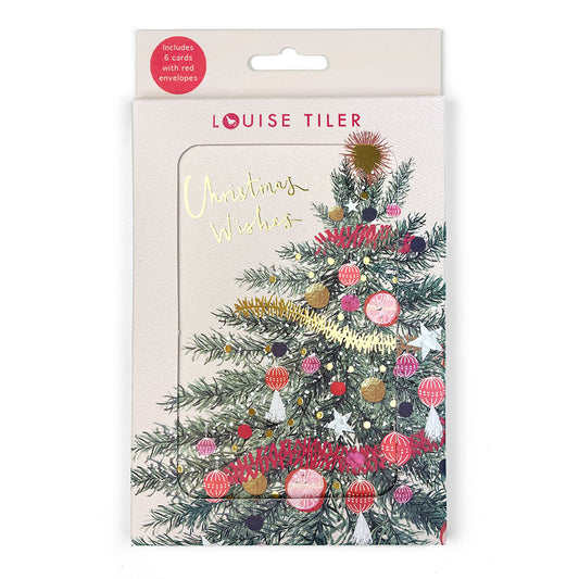 Box of 6 Christmas Cards that have the picture of a christmas tree on the front with Christmas Wishes written in gold foil pink red and blue baubles on the tree and pink and gold tinsel