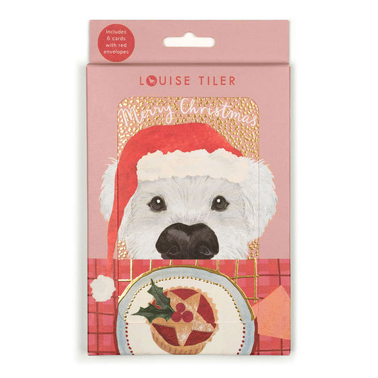 Box of six christmas cards . The cards have a dog on the front with a red ad white santa hat on dog is white with a black nose starring at a mince pie in front of him on a white plate with gold foil edging on the plate the  late is on a red and gold checked background the gold is gold foil. Gold foil at the  top of the card with the words Merry Christmas in with wring