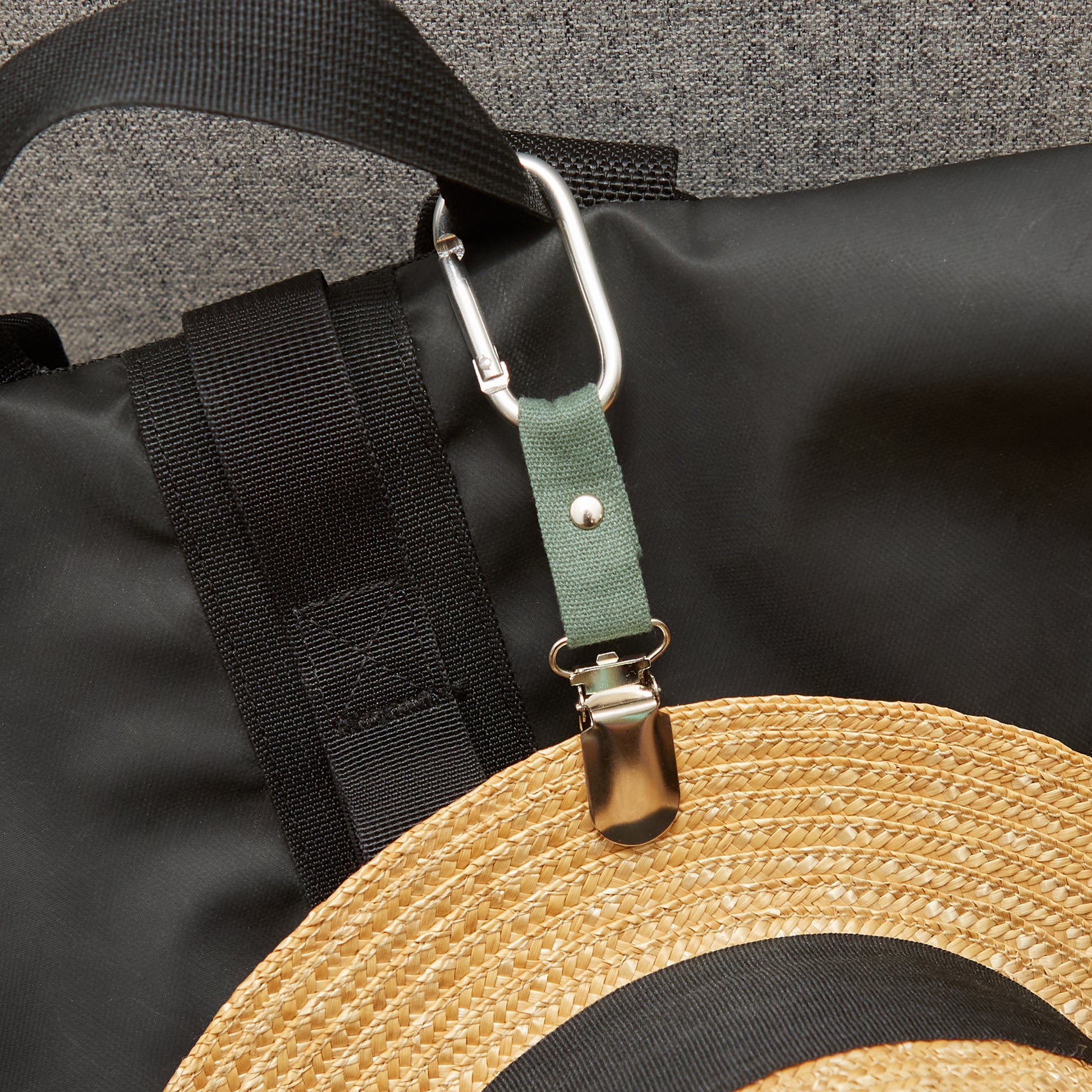 iamge shows the travel hat clip in use on a rucksack holding a hat